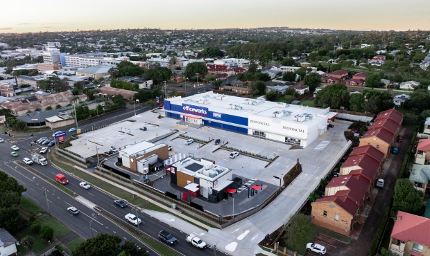 NRG Services showcasing their construction project capability at this multi-tenant commercial site—featuring Officeworks, KFC, Starbucks, and Provincial Living in regional Queensland.